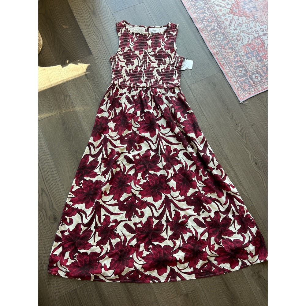 Japna Burgundy Floral Smocked Bodice Maxi Dress with Pockets Size M NWT